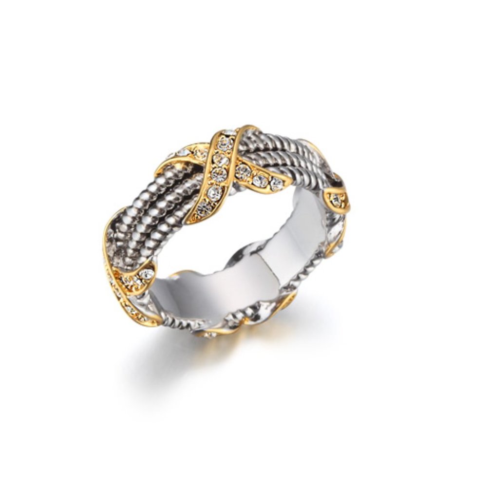 TWO TONE-PAVE CRYSTAL “X'” RING ALL AROUND SILVER
